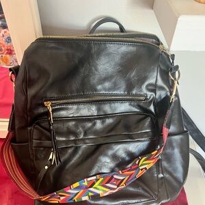 Black Leather Backpack with Colorful Strap